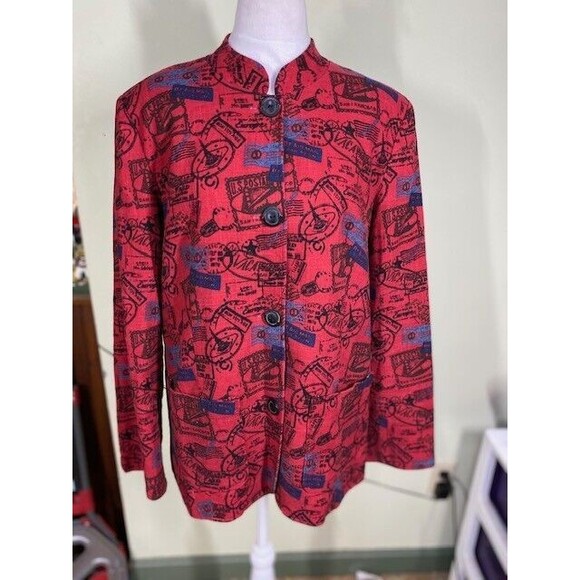 Vintage Norm Thompson Jacket Women Sz L Red Linen Blend Military Bohemian Blazer - Picture 1 of 11